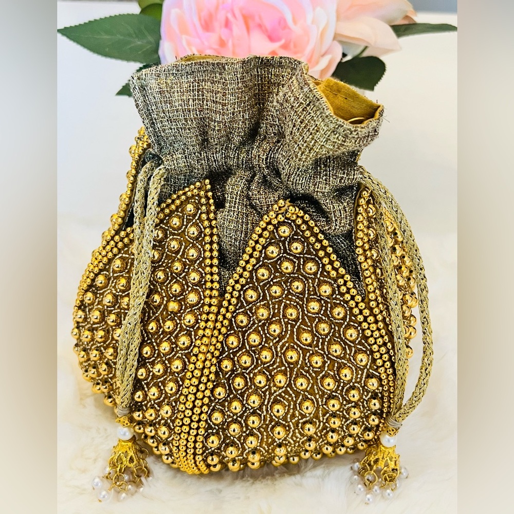 RAMLA Gold Beaded Drawstring Evening Bag Pearl Handle Clutch Purse - Picture 2 of 14